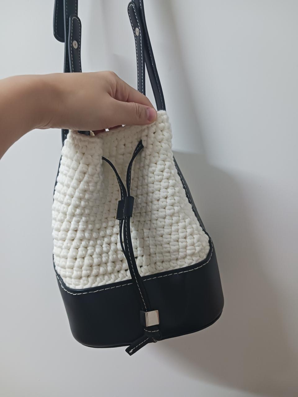 핸드메이드 니트 소가죽 복주머니 가방 (새제품)