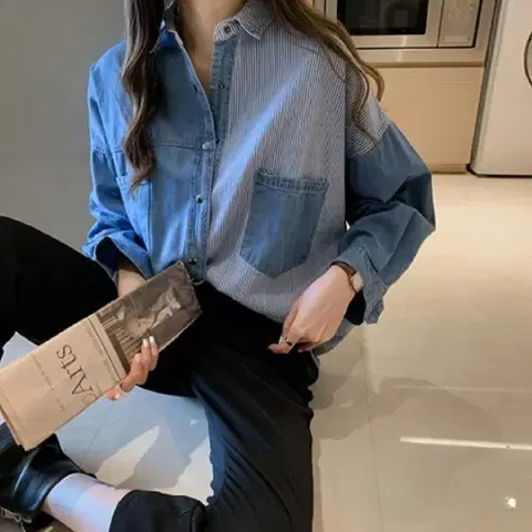 배색 포켓 청남방