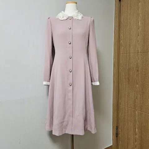 하객룩 핑크퍼플 롱 긴팔 카라 미디 플레어 원피스 공주풍 양산형 m 55