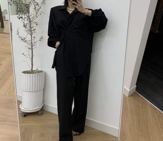 어깨패드 언발셔츠 + 팬츠 세트 투피스