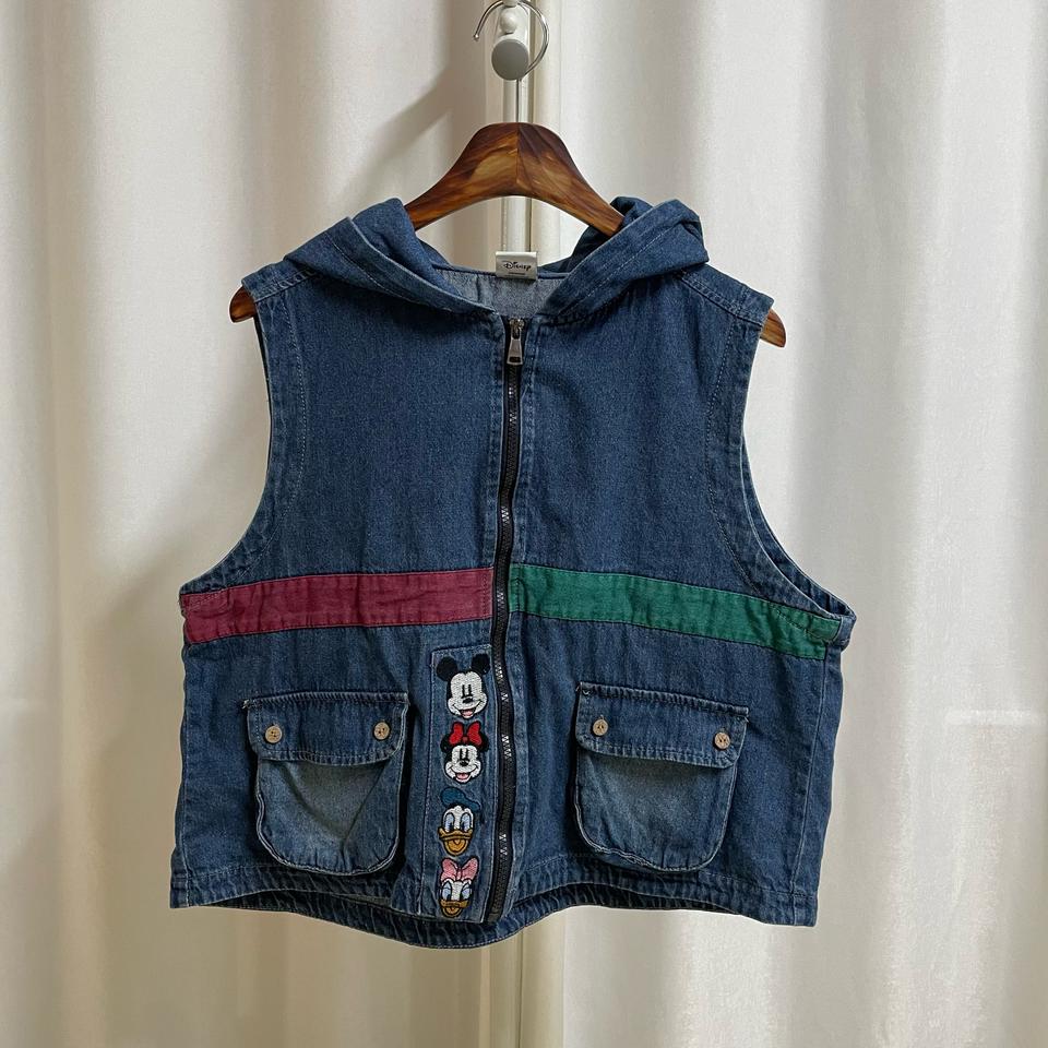 디즈니 데님 자수 후드집업조끼