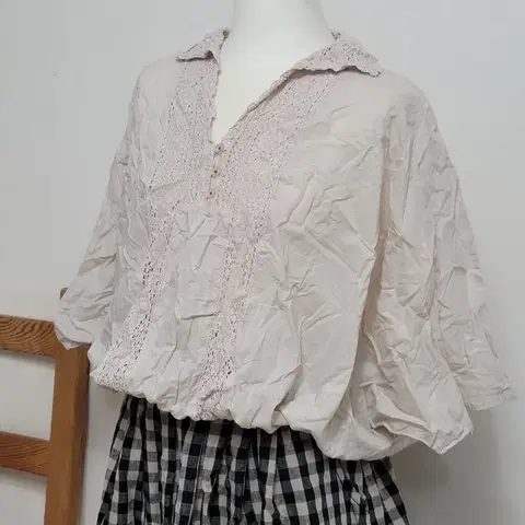 일본빈티지 Maple feel 레이스카라 루즈핏 블라우스