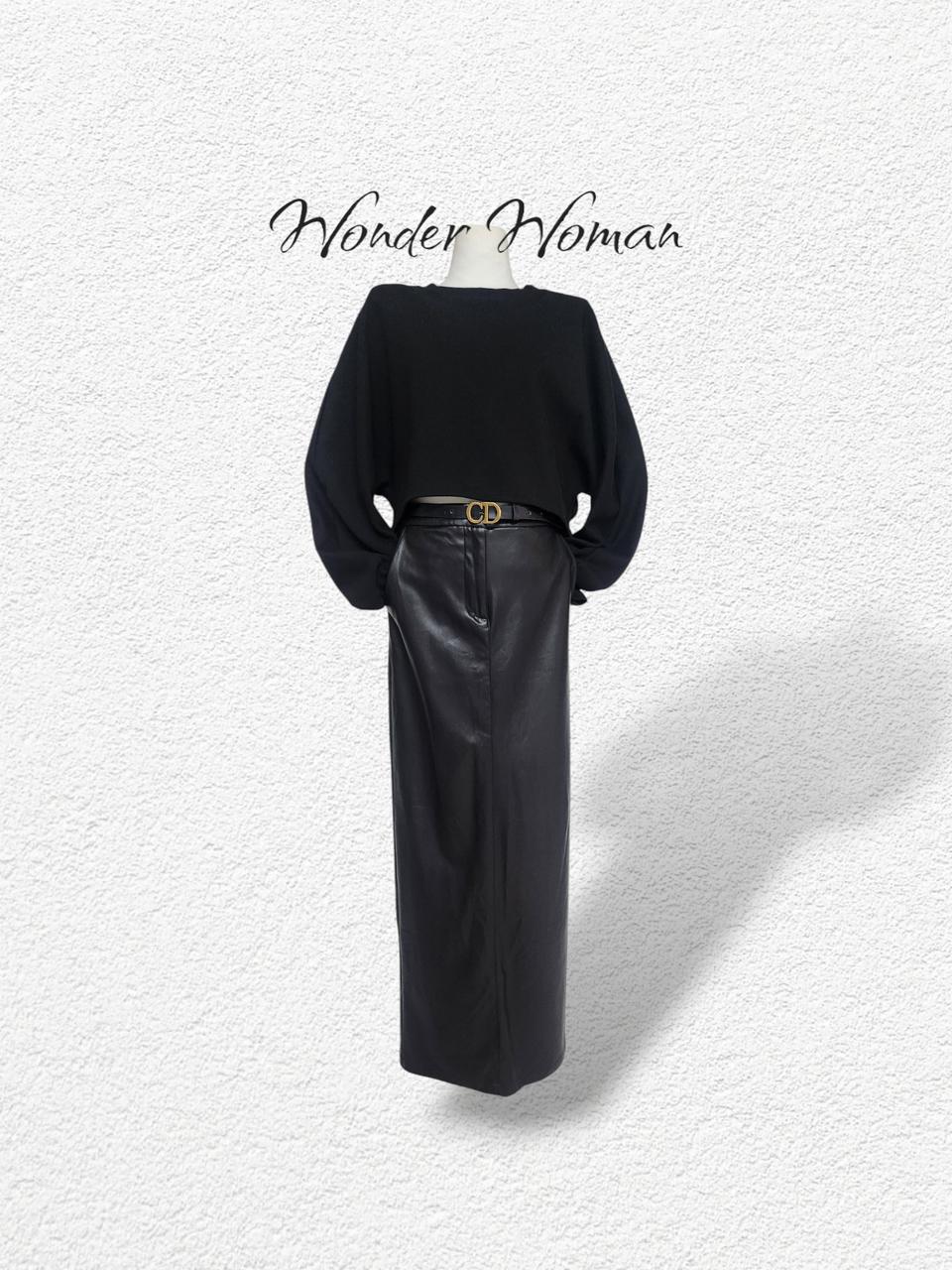 자라_블랙레더 롱스커트