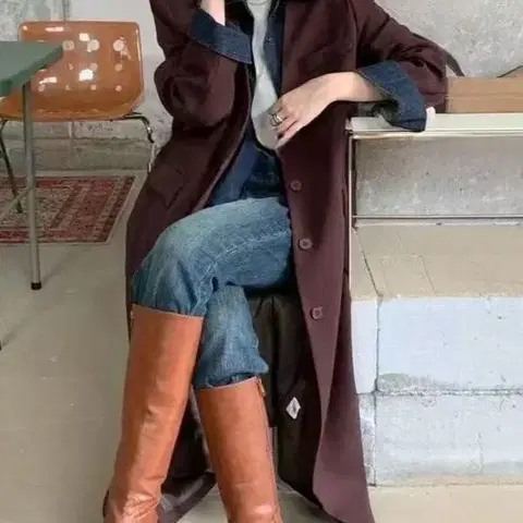 세일바배))데님배색 롱자켓