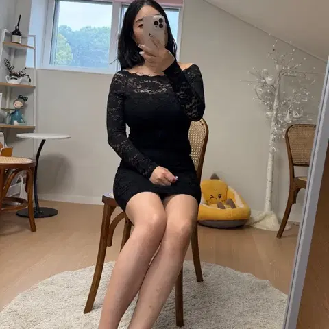 오프숄더 레이스 시스루 미디원피스