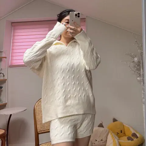 블랑 카라 니트 반바지 투피스세트