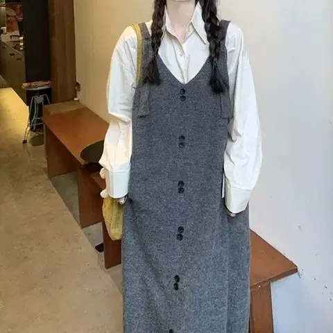 투버튼 멜빵 니트 원피스