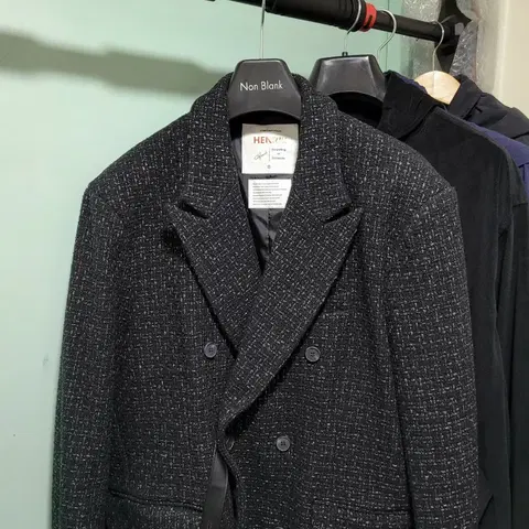 [새제품/헨리크] 울 트위드 자켓 더블 블레이저 2 XL 블랙 이태리원단