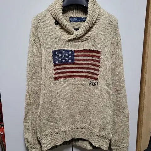 폴로 랄프로렌 성조기 숄카라 하찌 니트 스웨터 XL 오트밀 베이지