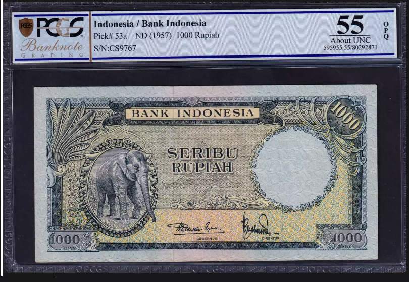 인도네시아  1957년 발행 1000 루피아 PCGS  55 OPQ