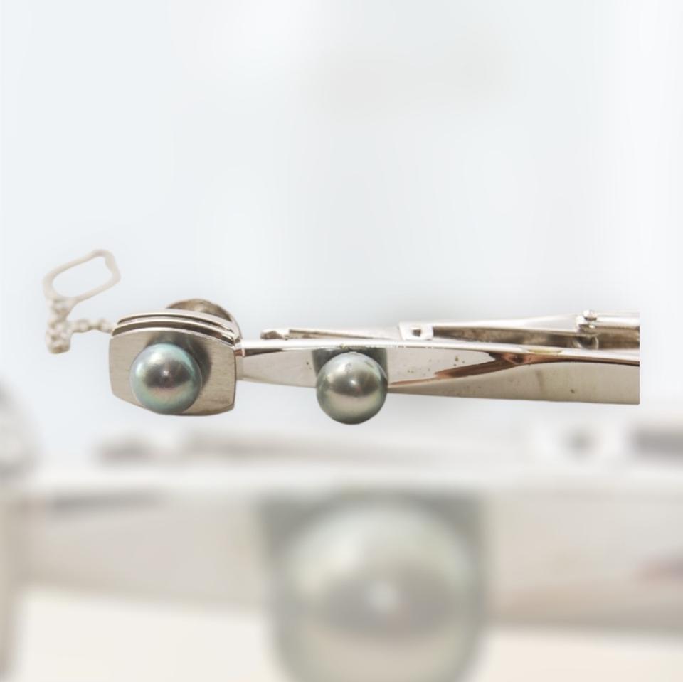 일본 순은 실버 각인 진짜 아코야진주 넥타이핀과 핀브로치 세트