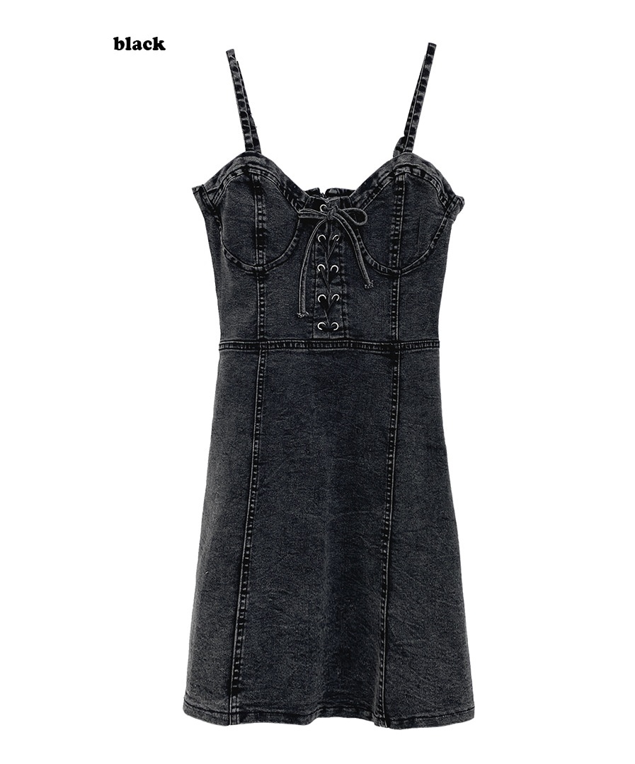 히키모드 블랙 흑청 데님 미니원피스