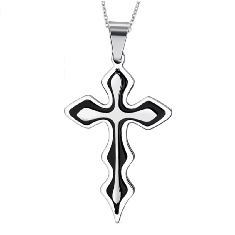 새 검정색 십자가 물결 목걸이 스테인레스 스틸 천주교 기독교 