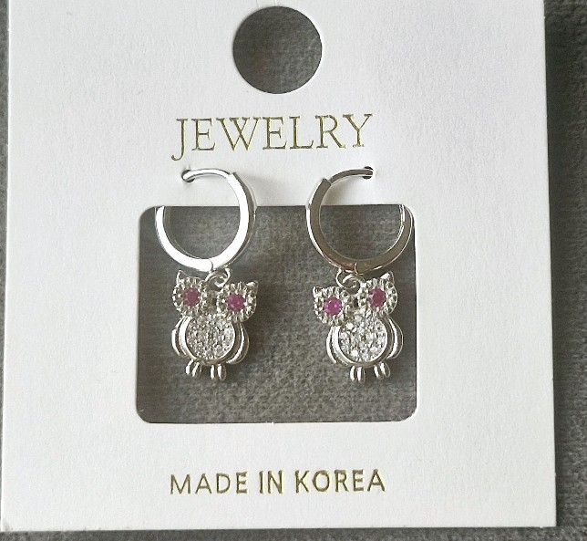 화이트골드 핑크아이 부엉이 원터치은침귀걸이