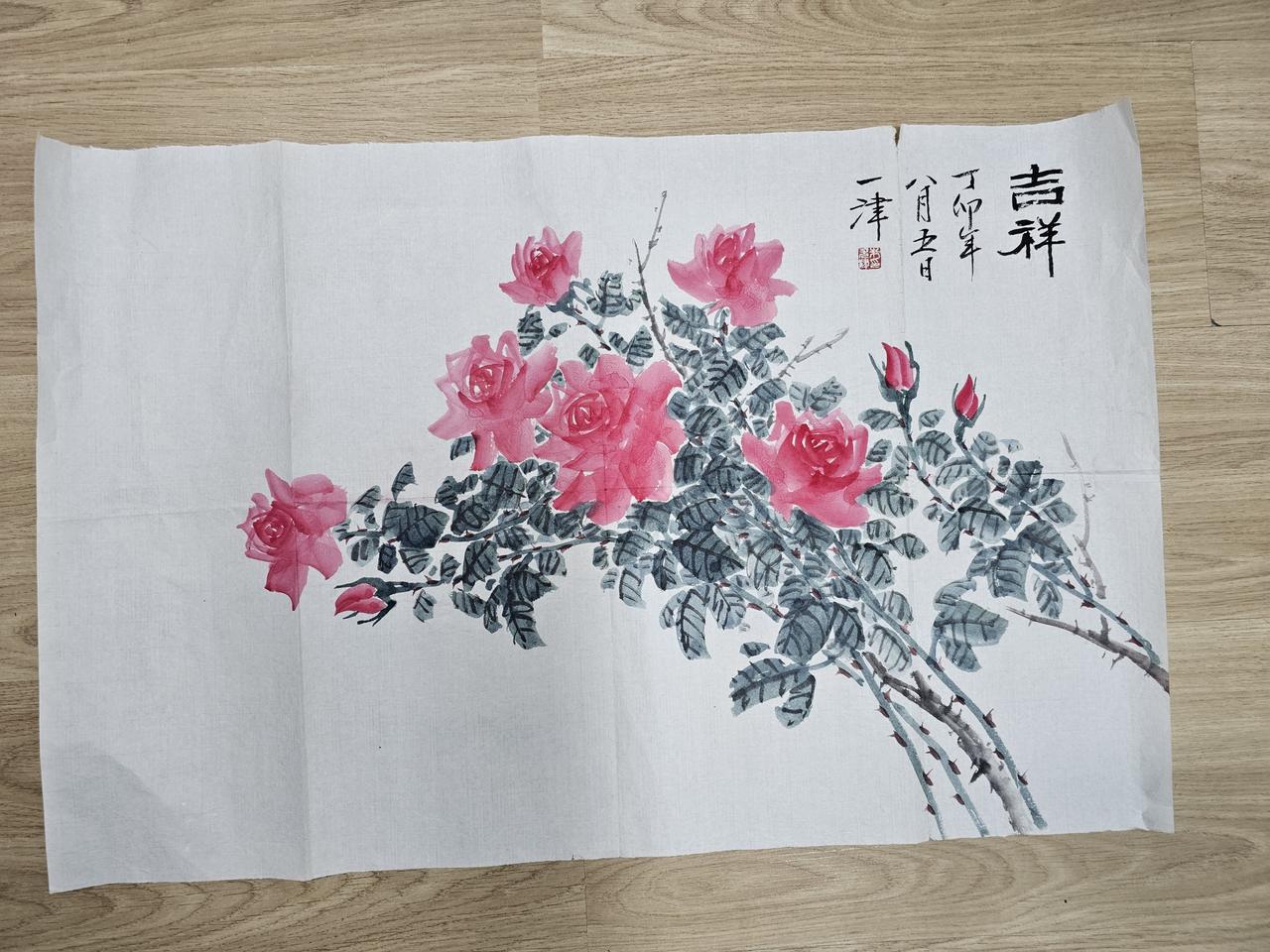오래된 동양화 장미 미사용 그림 70x46cm