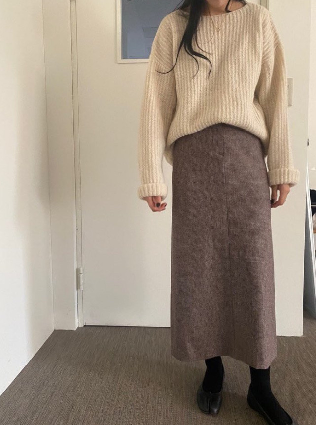 (새상품) 울 체크 롱스커트