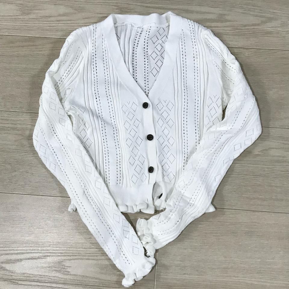 흰색 브니넥 긴팔 크롭 가디건