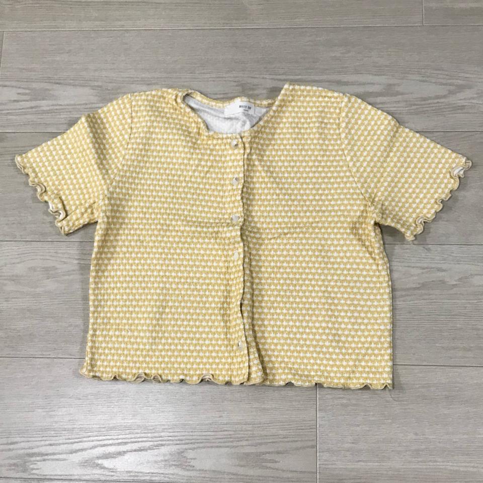 노란색 라운드넥 패턴 반팔 가디건 연노랑