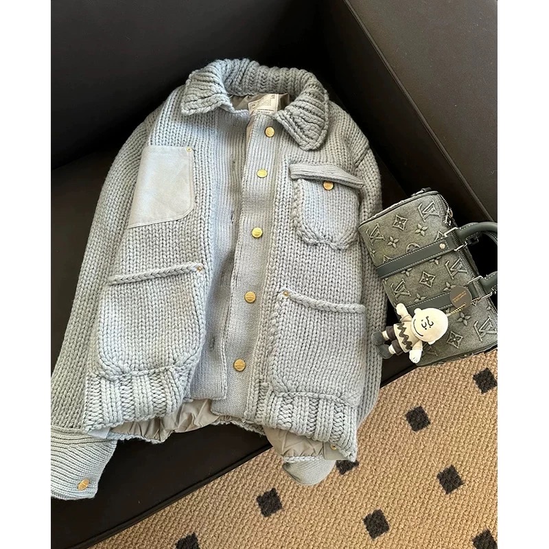 사카이 스타일 두꺼운 니트 가디건 스웨터