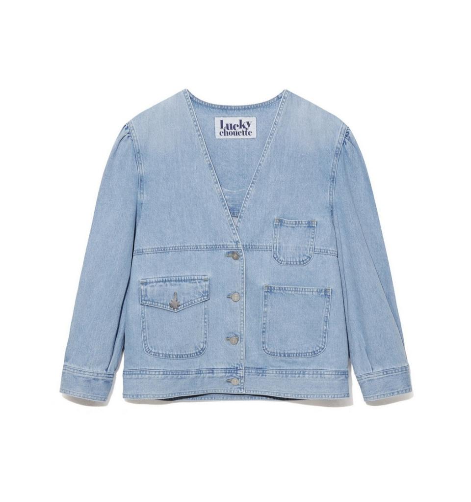 럭키슈에뜨 데님 자켓 36(55) 사이즈 여유 노카라. 뒷프린트