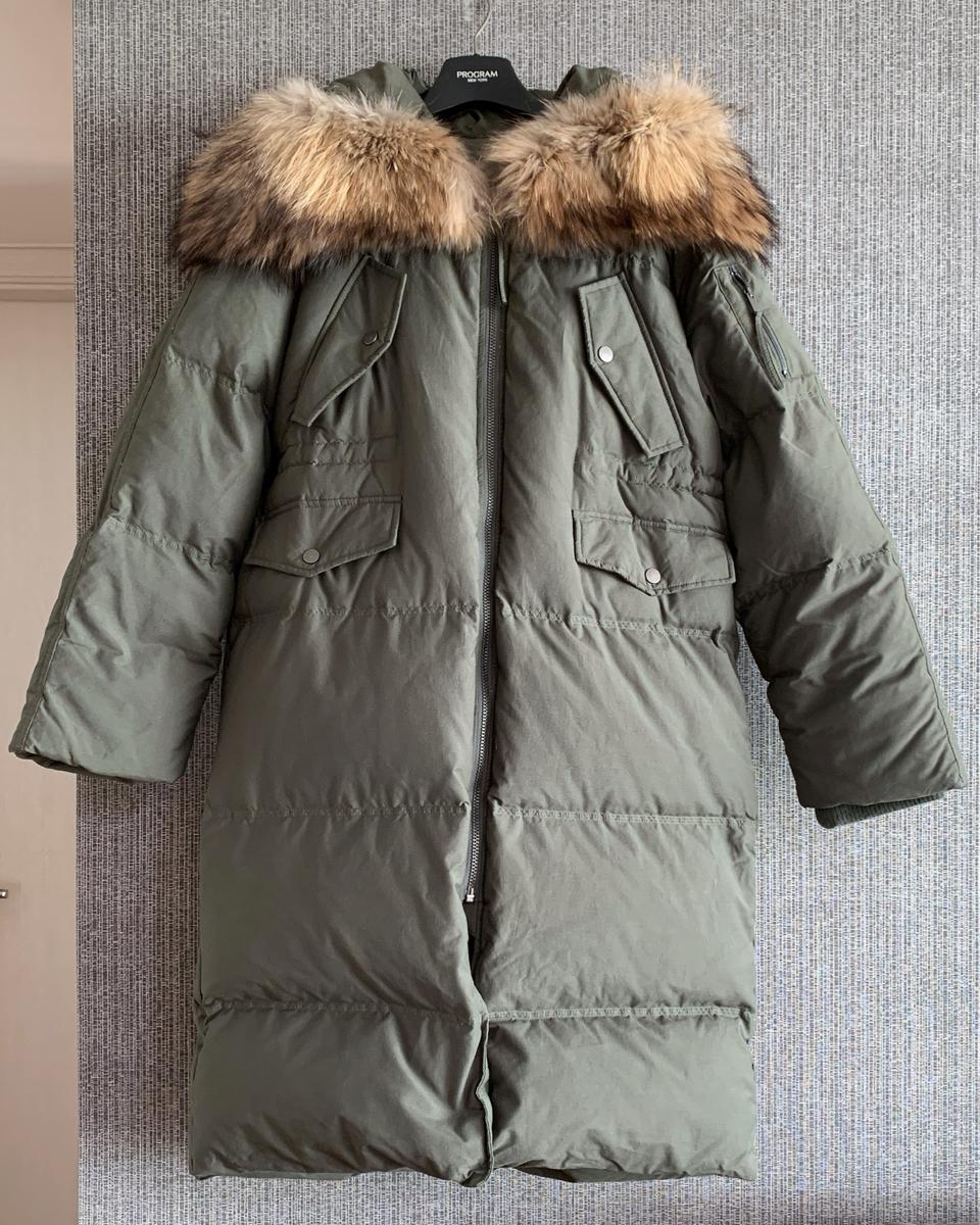[미착용] 카키 다운 자켓 여우털 퍼 후드 구스 다운 롱패딩 점퍼 선물