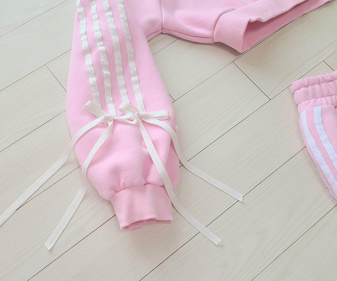 ❤ 도톰한 딸기우유 핑크 스트라이프 리본 기모 트레이닝 세트 ❤