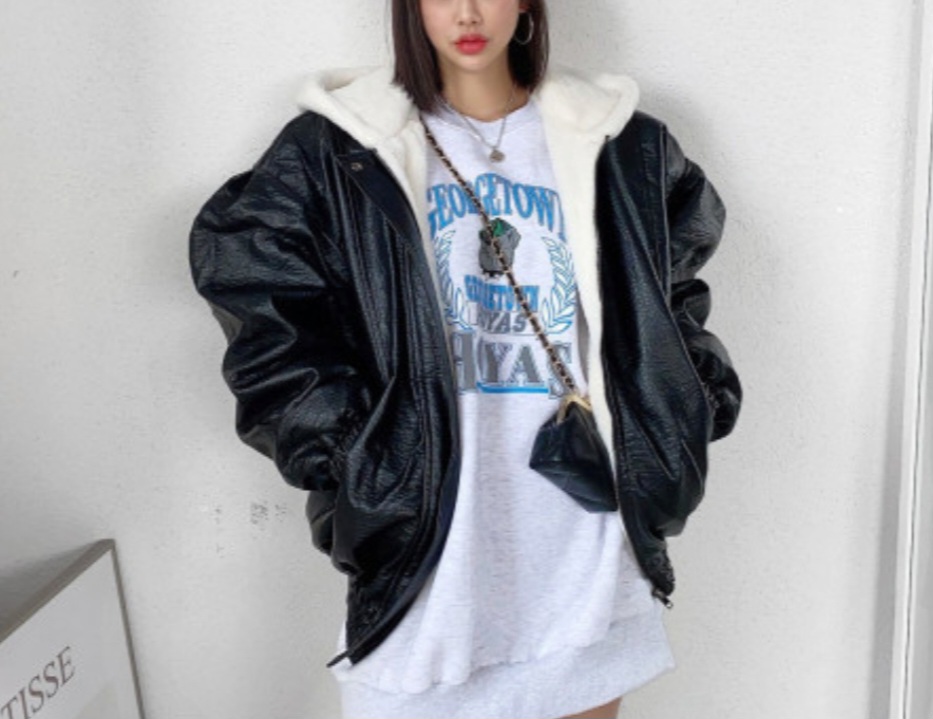 밍크퍼 벌룬퍼프 가죽 후드 점퍼