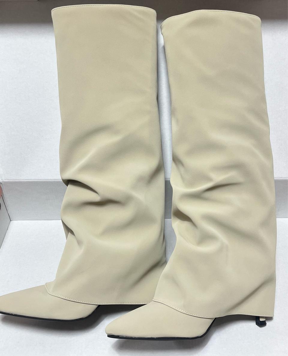 1028. 뾰족코 8cm 누벅텍스쳐 드레시 폴드오버 롱부츠 245 베이지