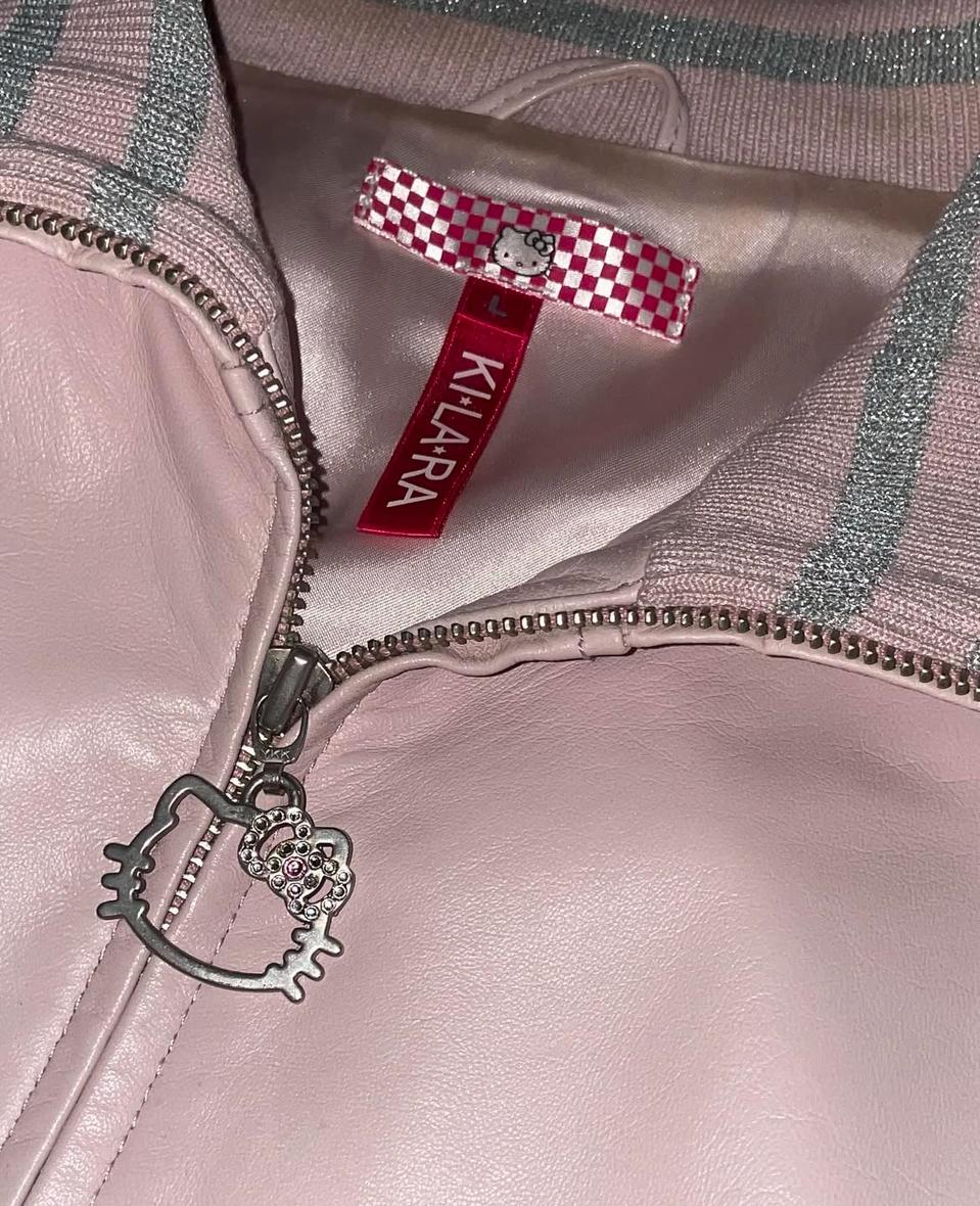 산리오 헬로키티 헬키 핑크 가죽 집업 자켓 키치 갸루 딸기우유 키라키라