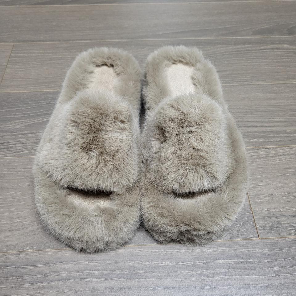 베이지 통굽 퍼 슬리퍼