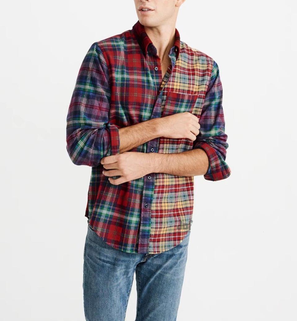 새상품 체크 패치 배색 남방M-L