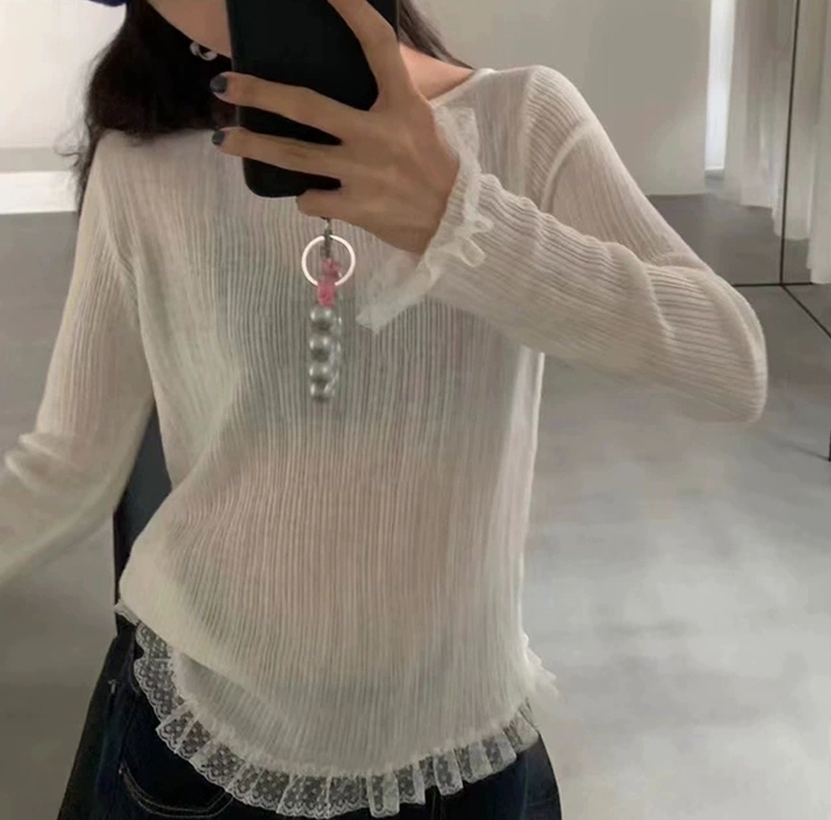 NE64)3컬러 프릴 레이스 골지 니트 티셔츠 페미닌룩 레이어드