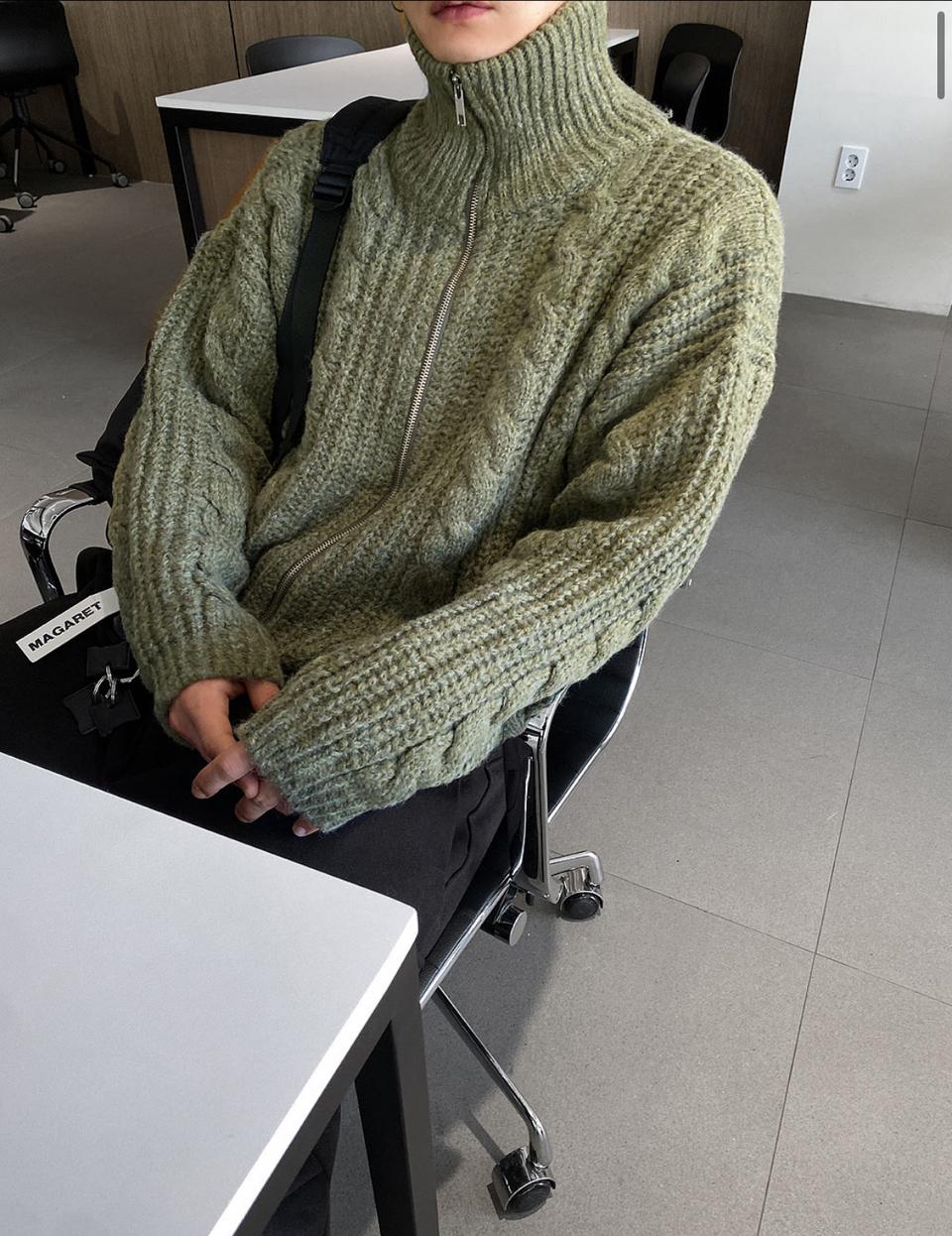 하이넥 카라넥 케이블 꽈배기 니트 집업 가디건