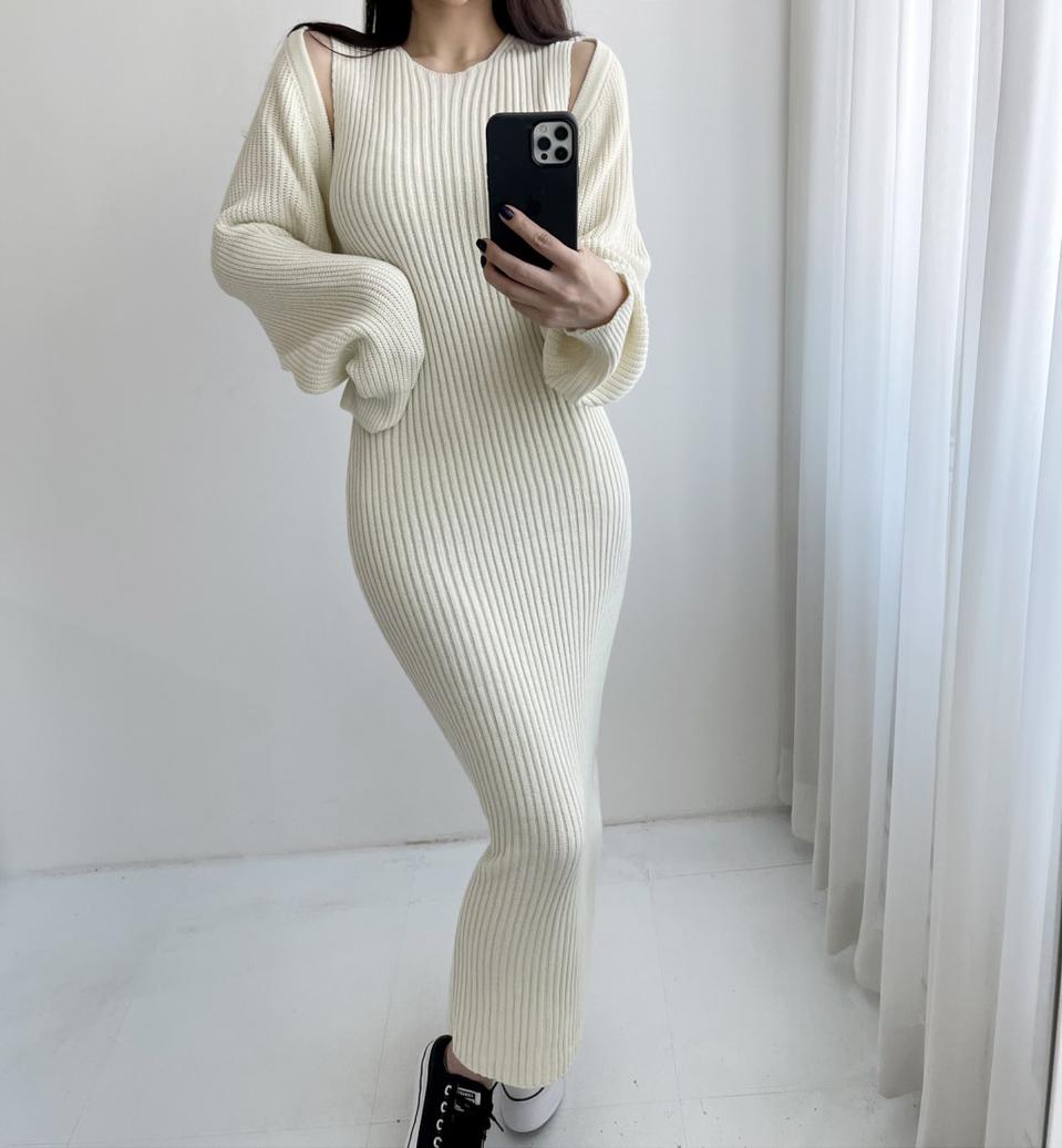 UNA 맥시 롱 니트원피스 볼레로 세트