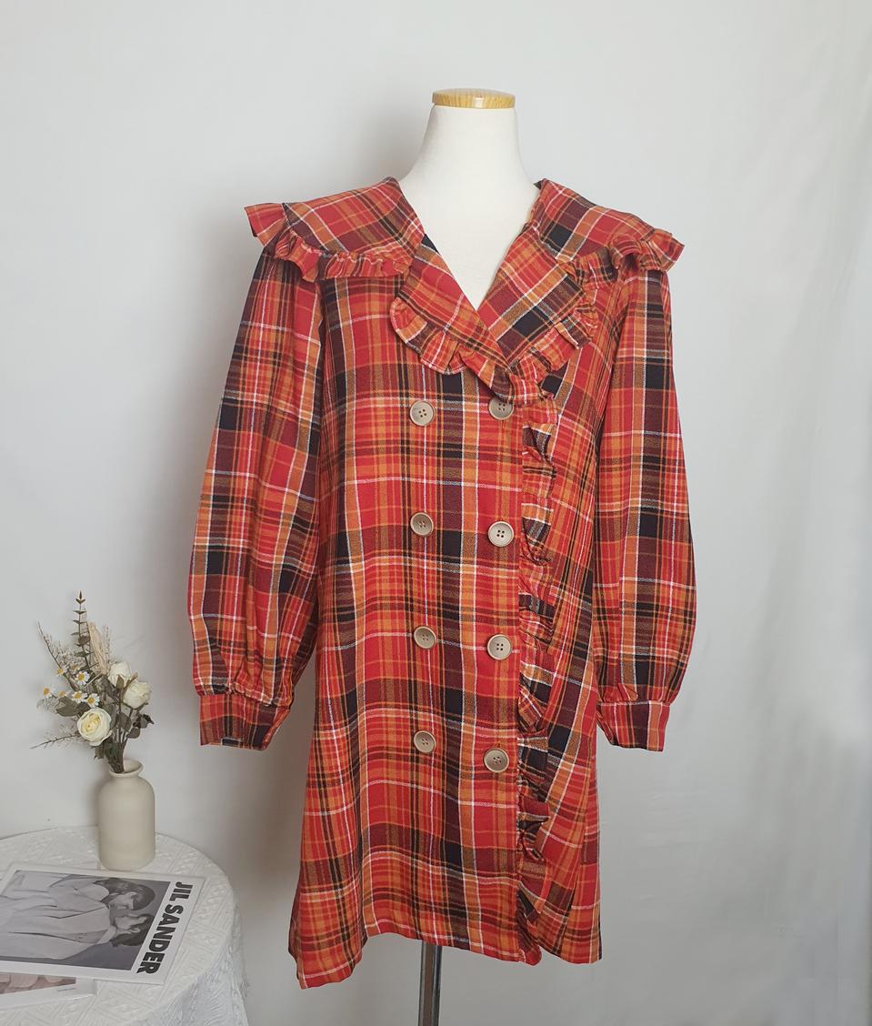 오렌지 체크 빅카라 벨트 자켓원피스