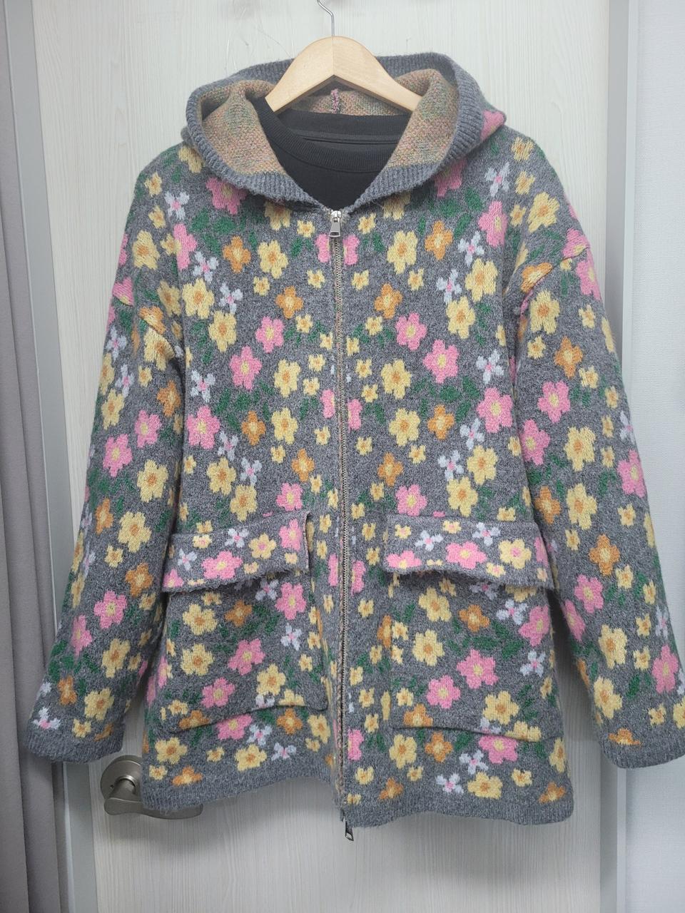 빅사이즈 가능 꽃 후드 가디건
