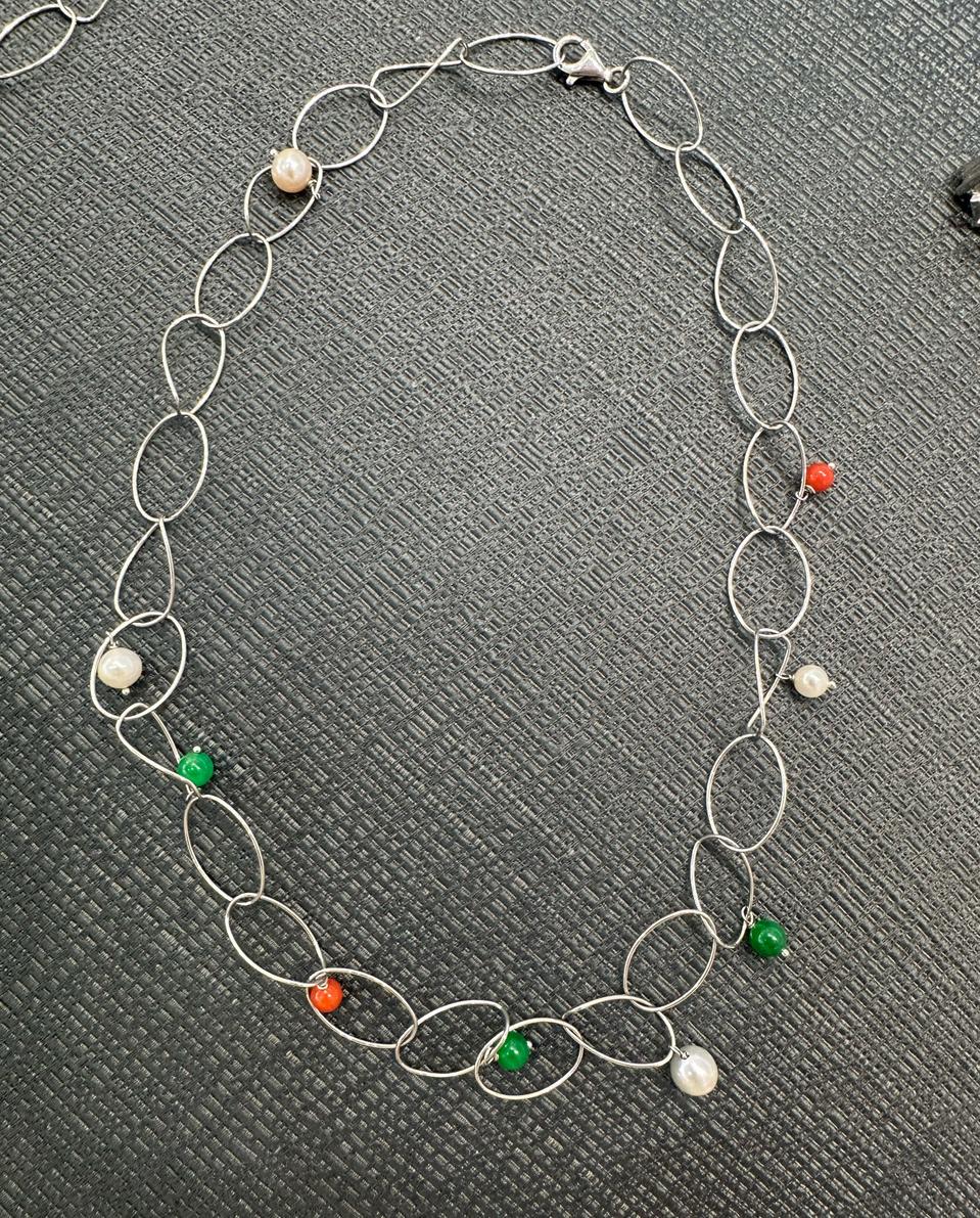 은 실버  목걸이 (산호  비취)
