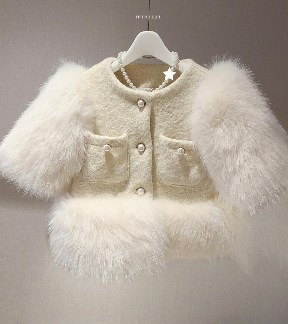 ❤ 우아한 트위드 밍크 퍼자켓 반소매 진주 부클 반팔 크롭 울자켓 ❤