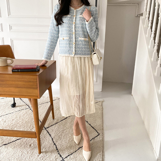 금장버튼 라운드넥 샤자켓 결혼식복장 데이트룩 트위드자켓