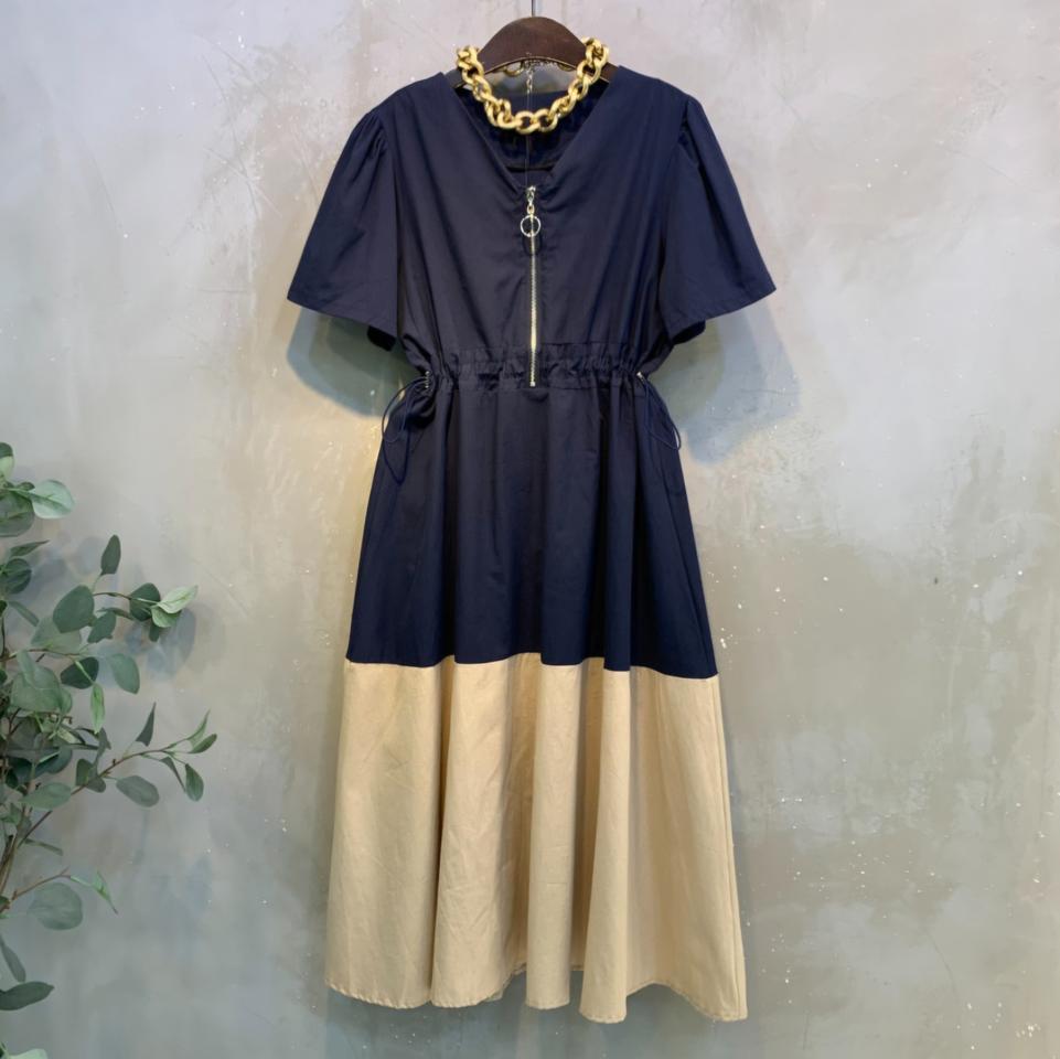 네이비 집업 스트링 면 롱원피스