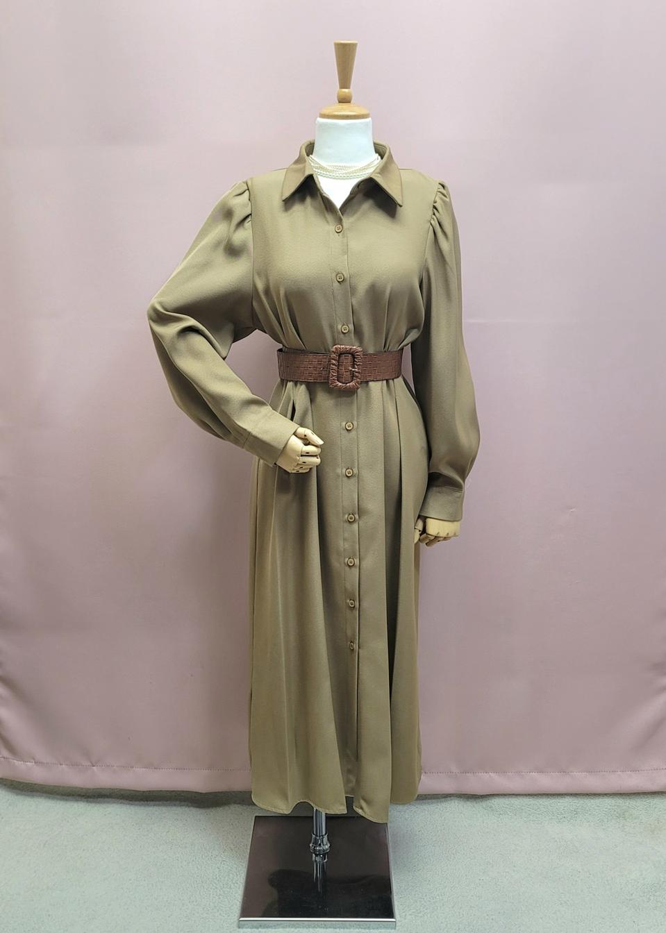 핀턱 퍼프 카라 롱원피스 골드브라운