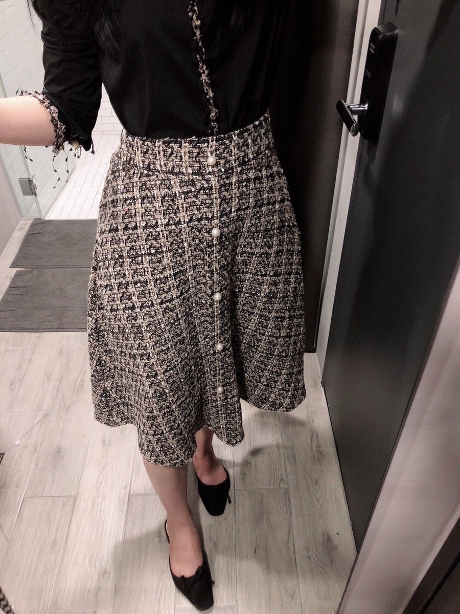 진주 A라인 플레어 트위드 스커트 치마 뒷밴딩 미디 롱