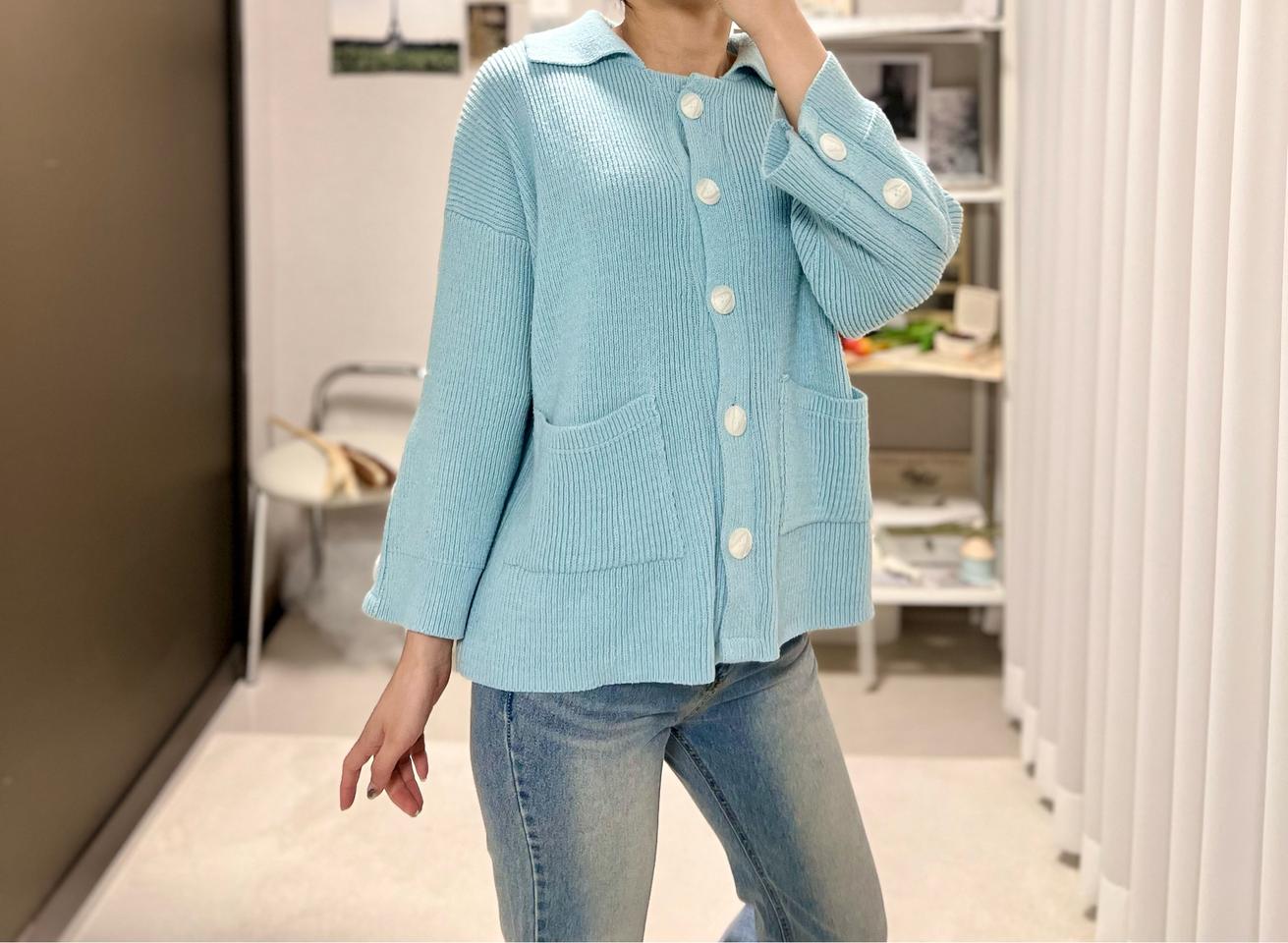 카라 니트 가디건 하늘 스카이블루 루즈핏 오버핏