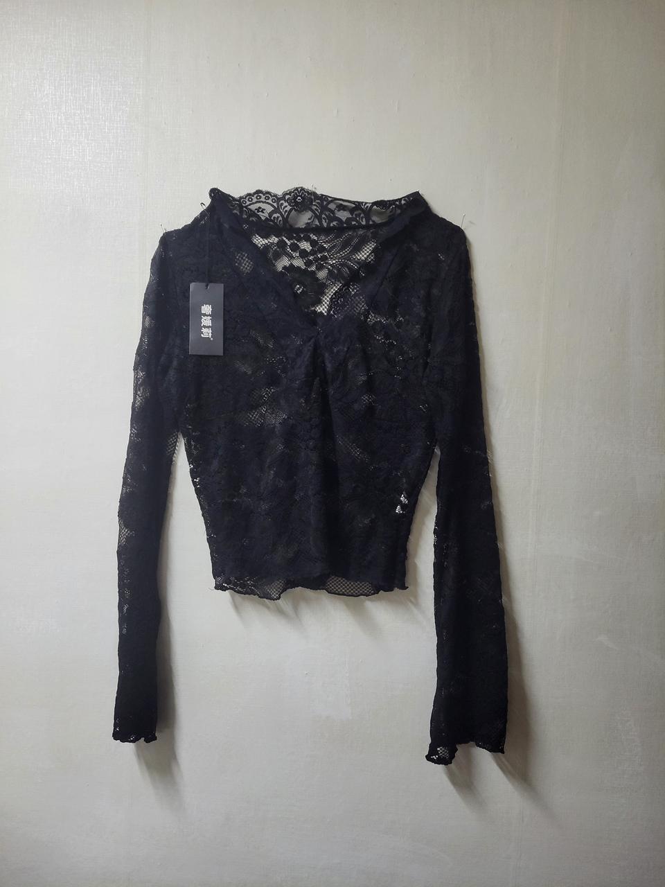 새상품)스판 레이스 쉬어 티셔츠-블랙