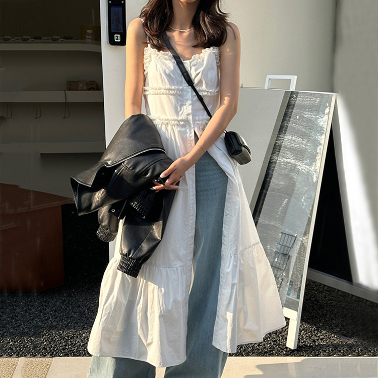 NE147)셔링 프릴 끈나시 캉캉 버튼 롱 플레어 원피스 페미닌룩 데이트