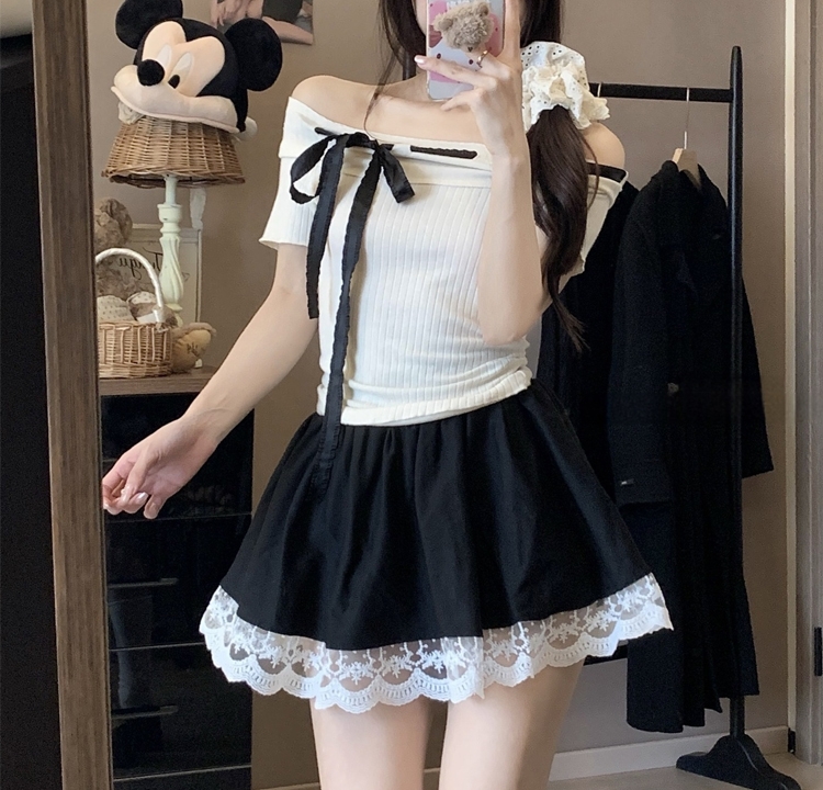 NE149)2컬러 레이스 밴딩 면 미니 플레어 스커트 러블리 꾸안꾸룩