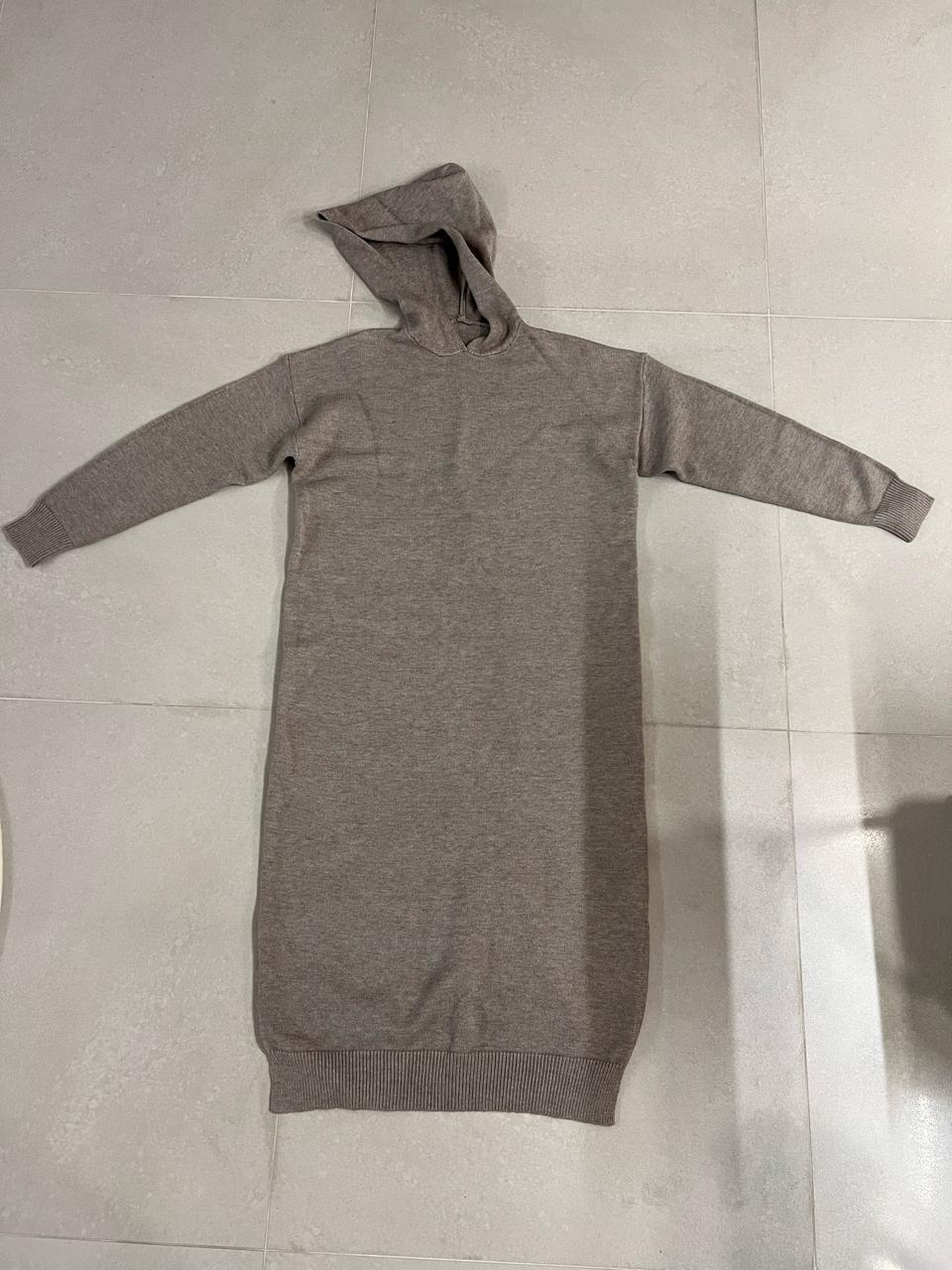 후드 니트 미디 롱 원피스 브라운 베이지