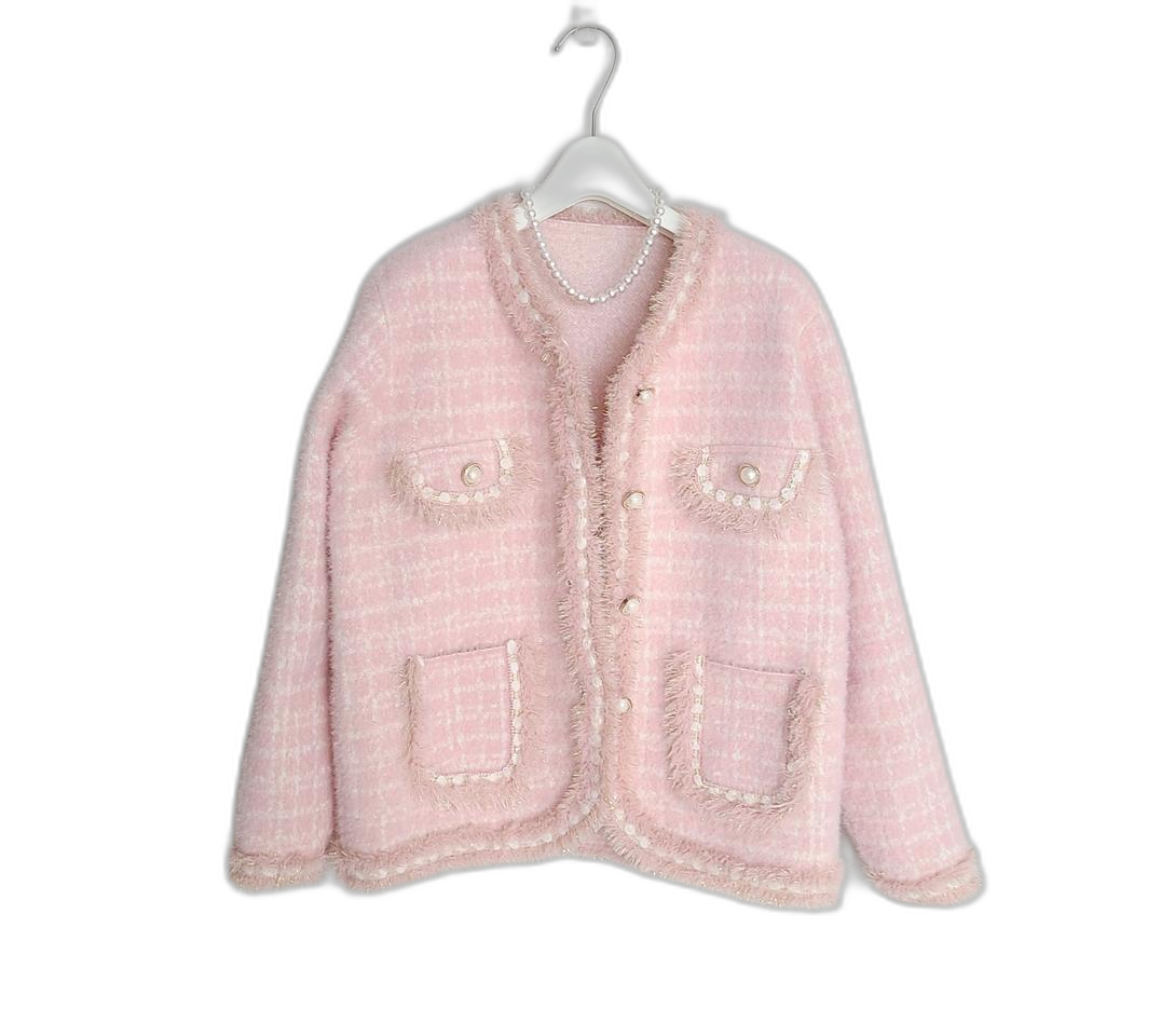 ❤ 베이비핑크 딸기우유빛 봄 핑크 골드 금사 트위드 밍크 퍼가디건 ❤