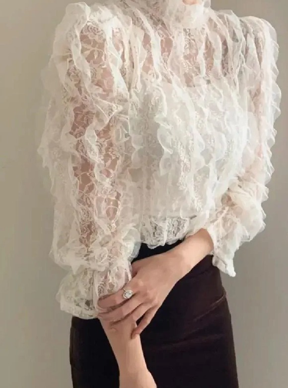 시스루 물결 레이스 프릴 공주님 블라우스 셔츠