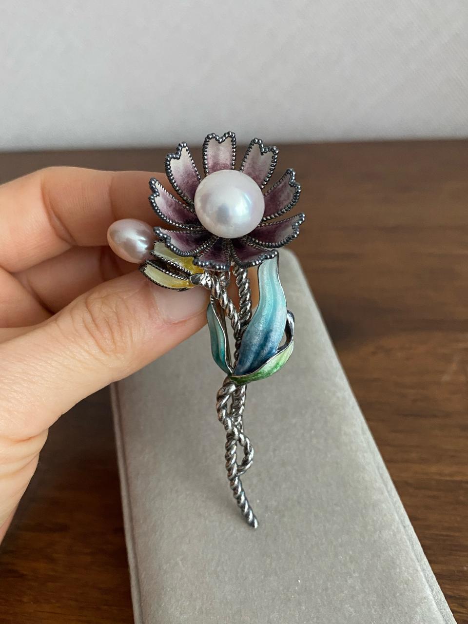 플라워모티브 담수진주 에나멜 브로치(SILVER)